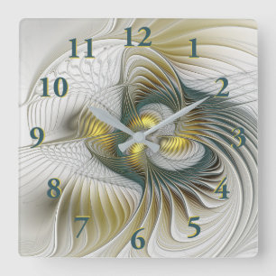 Nobly Golden Teal Abstract Fantasy Fractal Art Quadratische Wanduhr