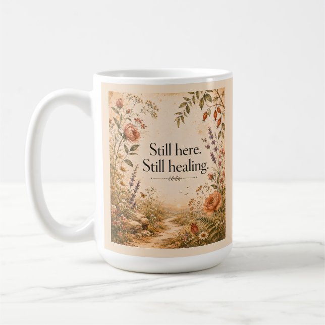 Noch Hier, Noch Heilung Wildblumen-Zitat Kaffeetasse (Links)