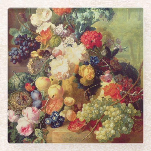 Noch Leben mit Blumen und Frucht Glasuntersetzer (Vorderseite)