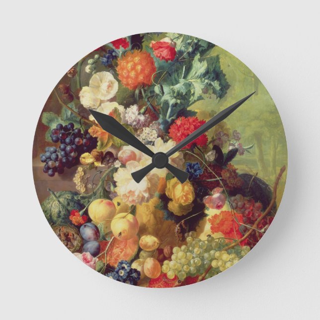 Noch Leben mit Blumen und Frucht Runde Wanduhr (Vorderseite)