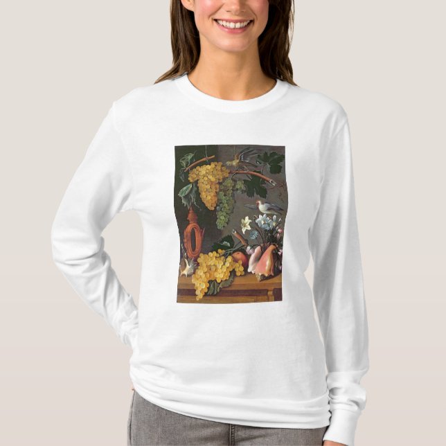 Noch Leben mit Trauben, Vögeln und Blumen T-Shirt (Vorderseite)