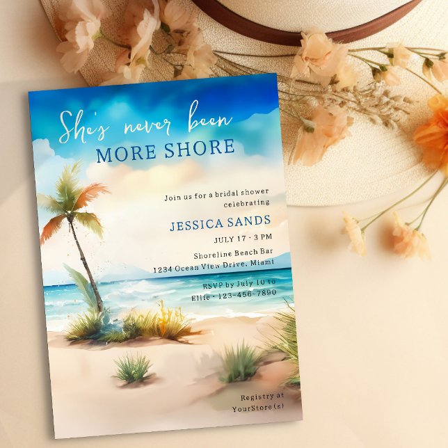 Noch nie war mehr Shore Ocean Beach Brautparty Einladung (Fun Summer Beach Bridal Shower Invitation with watercolor ocean shore)