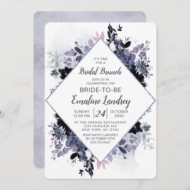 Nocturnal Floral Chic Diamond Bridal Brunch Dusche Einladung (Vorne/Hinten)