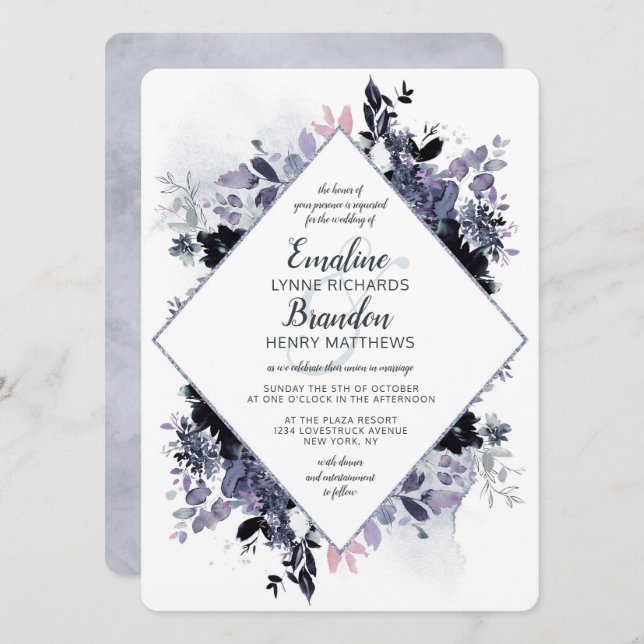 Nocturnal floral Dusty Blue Diamond Frame Wedding Einladung (Vorne/Hinten)