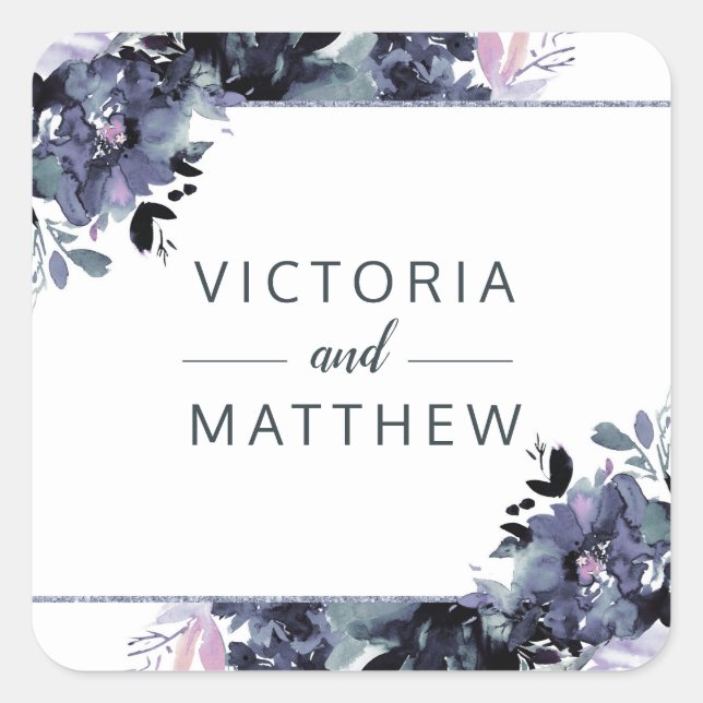 Nocturnal Floral Dusty Blue Monogram Wedding Quadratischer Aufkleber (Vorderseite)