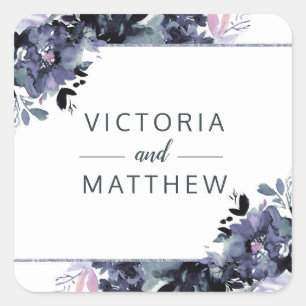 Nocturnal Floral Dusty Blue Monogram Wedding Quadratischer Aufkleber