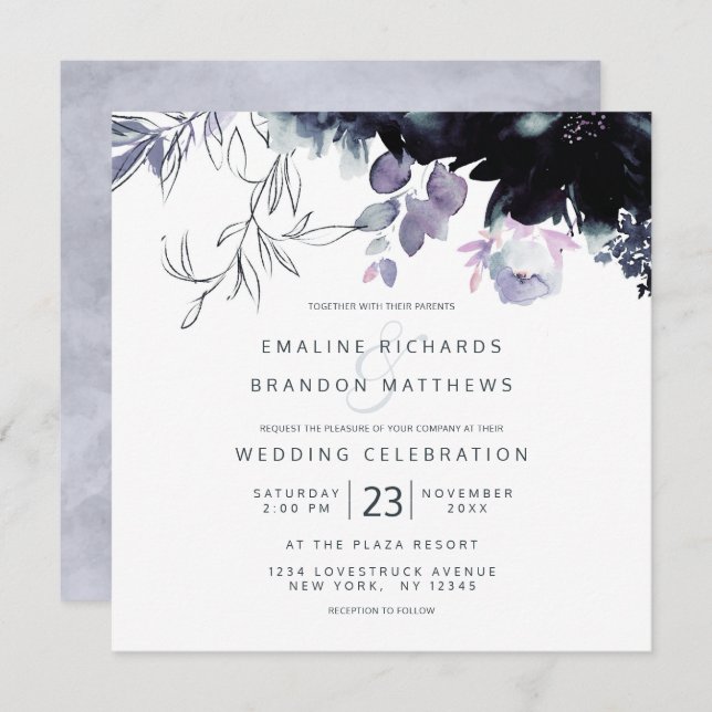 Nocturnal Floral Dusty Blue Square Wedding Einladung (Vorne/Hinten)