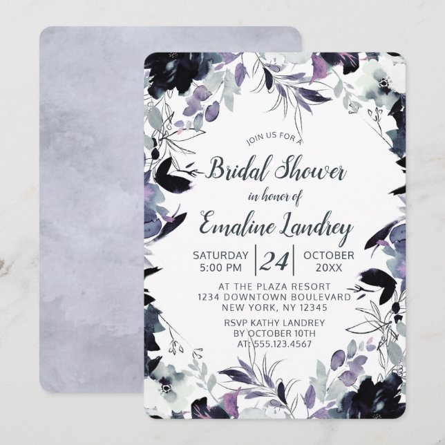 Nocturnal Floral Dusty Blue Wedding Brautparty Einladung (Vorne/Hinten)
