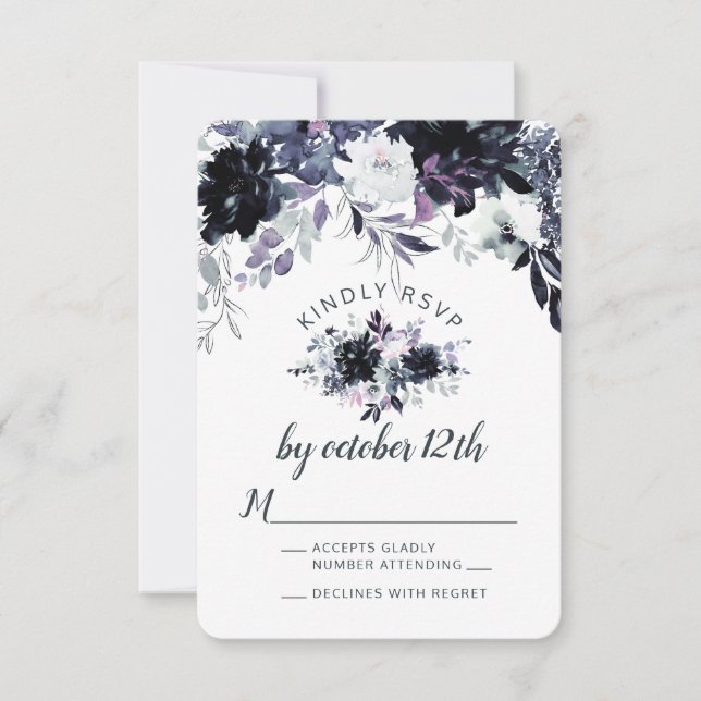 Nocturnal Floral Dusty Blue Wedding RSVP Antwort (Vorderseite)