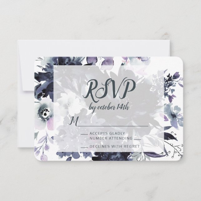 Nocturnal Floral Dusty Blue Wedding RSVP Response Karte (Vorderseite)