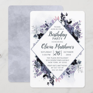 Nocturnal Floral Navy Blue & Gray Geburtstagsparty Einladung