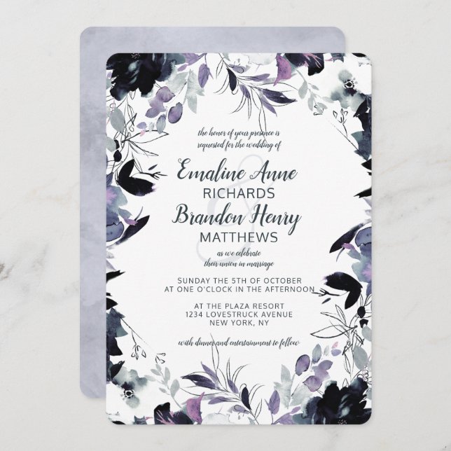 Nocturnal Floral Navy Dusty Blue Border Wedding Einladung