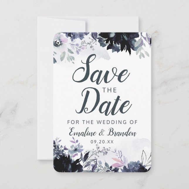 Nocturnal floral Navy Dusty Blue Brush Strokes Save The Date (Vorderseite)