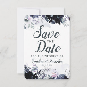 Nocturnal floral Navy Dusty Blue Brush Strokes Save The Date