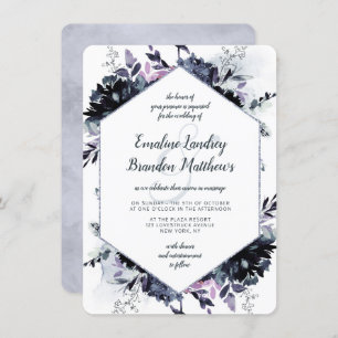 Nocturnal Floral Navy Dusty Blue Hexagon Hochzeit Einladung