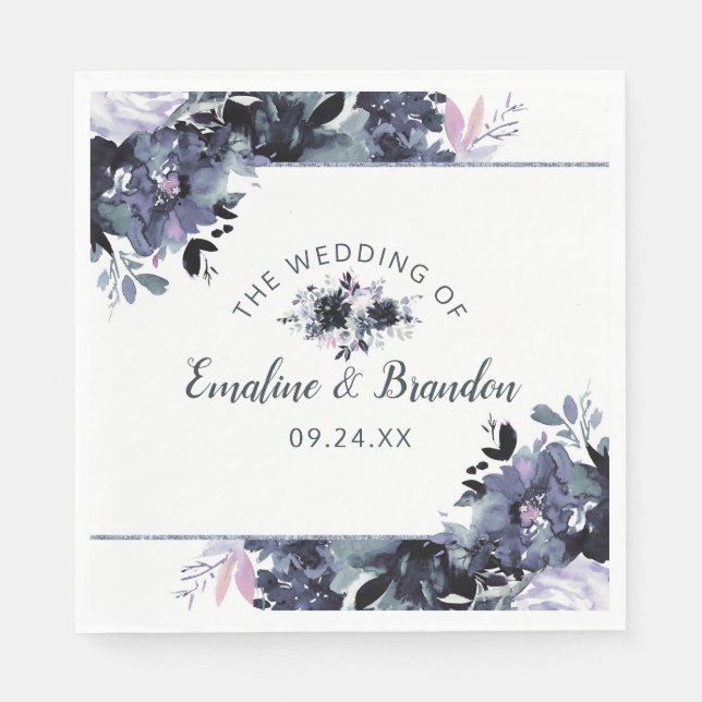 Nocturnal Floral Navy Gerahmt Wedding Monogram Serviette (Vorderseite)