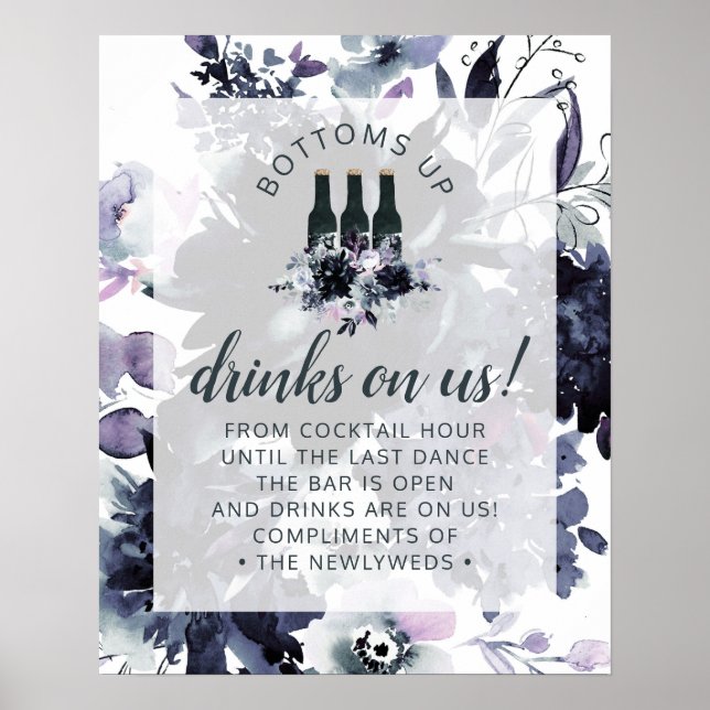 Nocturnal Floral Navy Hochzeit Open Bar Table Sign Poster (Vorne)