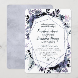 Nocturnal Floral Silver Gem Dusty Blue Wedding Einladung