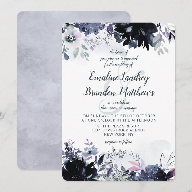 Nocturnal Floral Watercolor Dusty Blue Wedding Einladung (Vorne/Hinten)