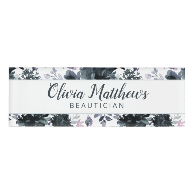 Nocturnal Floral Watercolor Navy Blue Name Namenschild (Vorderseite)