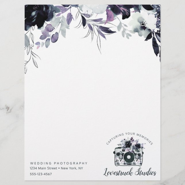 Nocturnal Floral Watercolor Navy Custom Logo Briefbogen
