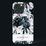 Nocturnal Floral Watercolor Navy Custom Monogram Case-Mate iPhone Hülle<br><div class="desc">Nocturnal floral Watercolor Navy Blau dunkelgraue Blume Muster mit Boho Hand bemalten Blume, Federn, und viele bunte graue, Navy Blue, Dusty Blue, Mauve Pink, Lavender Lila, Silber, Charcoal Blätter und Blätter. Mit handgezeichneten Linien, Wirblen Schriftart mit Handschrift und stilvollen Silver Glitzer Rahmen & Typografie - Fotostudio, Friseur, Shop Boutique etc...</div>