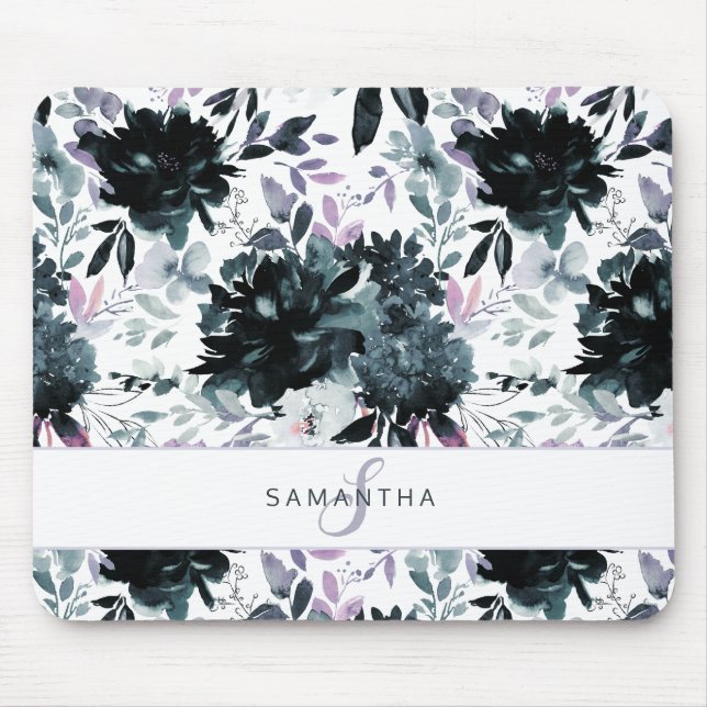 Nocturnal Floral Watercolor Navy Custom Monogram Mousepad (Vorne)