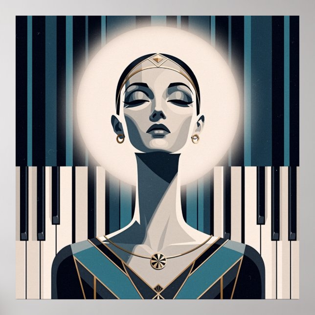 Nocturne in Teal: Art Deco Piano Portrait  Poster (Vorne)