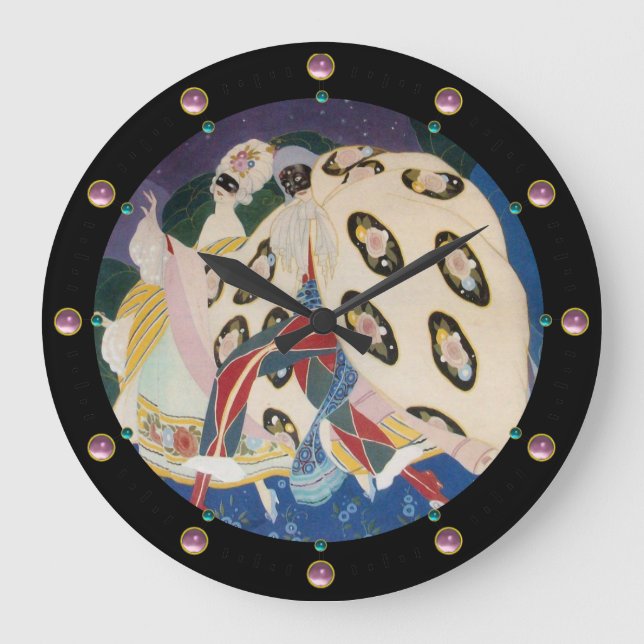 NOCTURNE MIT MASKEN / Art Déco Venezianische Masqu Große Wanduhr (Vorderseite)