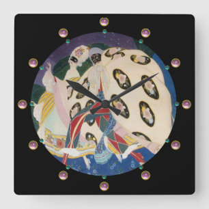NOCTURNE MIT MASKEN / Art Déco Venezianische Masqu Quadratische Wanduhr