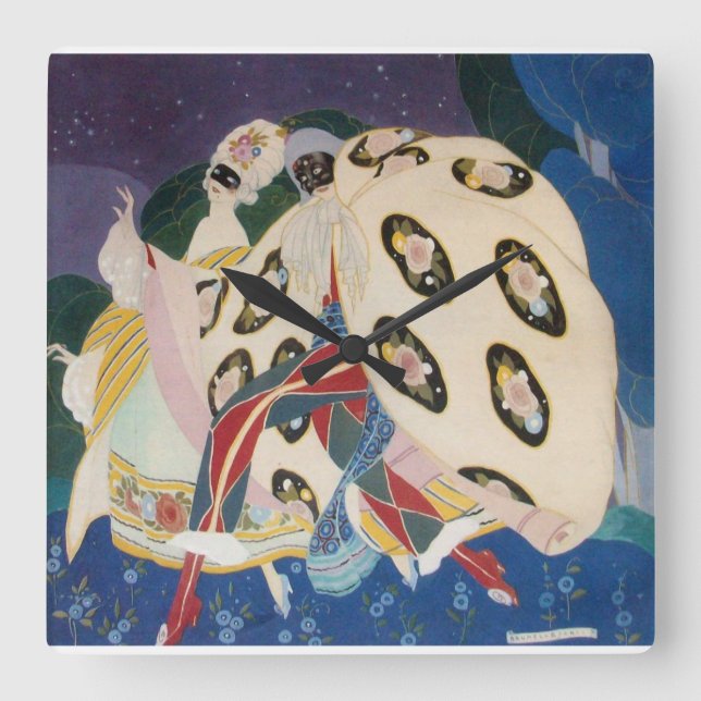 NOCTURNE MIT MASKEN / Art Déco Venezianische Masqu Quadratische Wanduhr (Vorderseite)