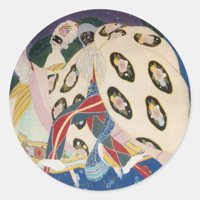 NOCTURNE MIT MASKEN / Art Déco Venezianische Masqu Runder Aufkleber (Vorderseite)