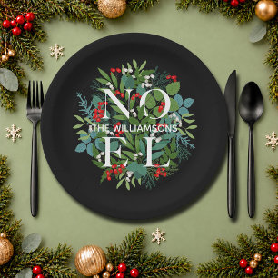 NOEL Berries Greenery Christmas Black Pappteller