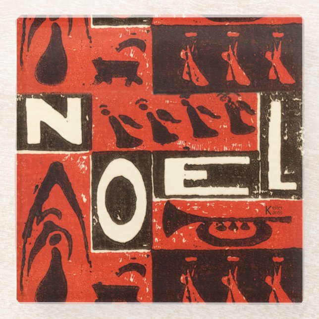 Noel Roter Blockdruck Glasuntersetzer (Vorderseite)