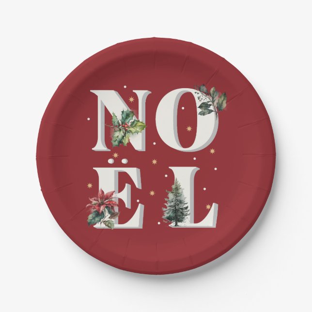 Noël Textdesign mit wunderschönen Winter-Pflanze Pappteller (Vorderseite)