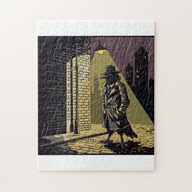 Noir Crow Detective in Rain Moody Comic Art Jigsaw Puzzle (Vertikal)