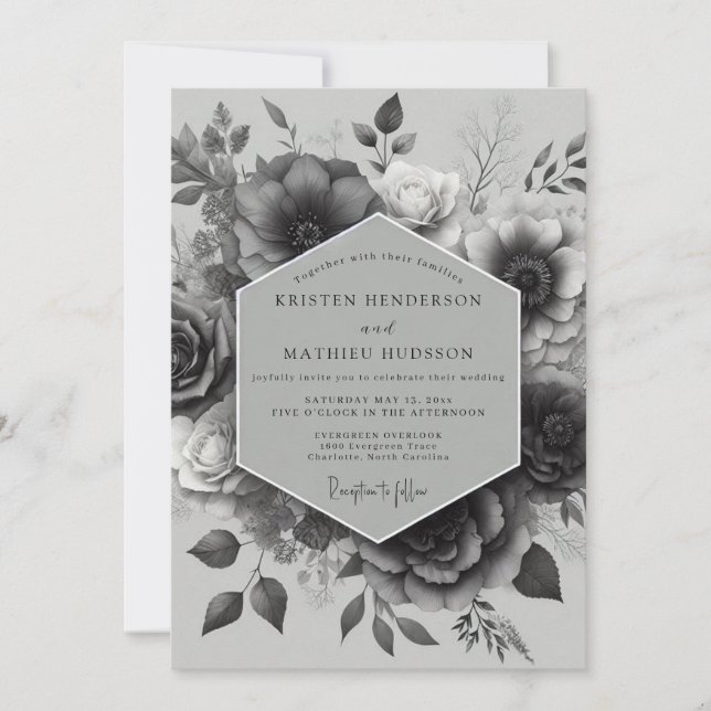 Noir Elegant Bloom Hochzeit Einladung (Vorderseite)