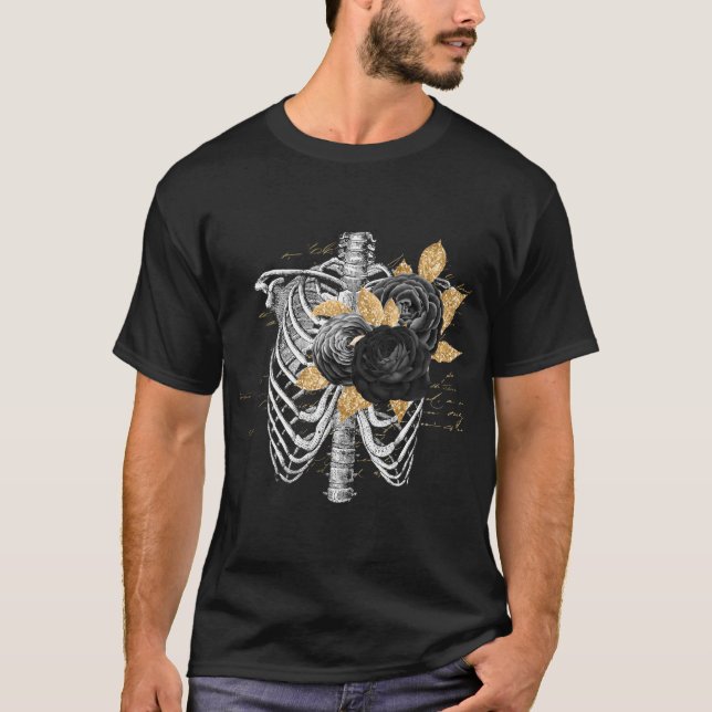 Noir Gothic Black Rose Gold Blätter torso T-Shirt (Vorderseite)