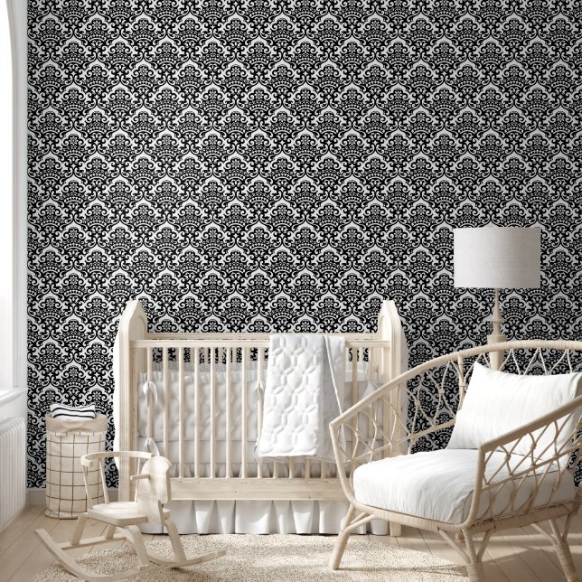 NOIR Jet Black Damask Nahtloses Muster Tapete (Kinder)