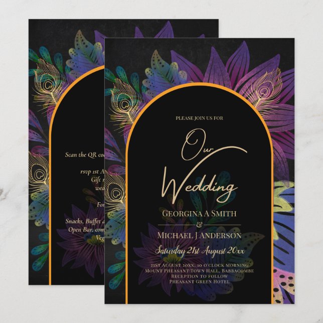 Noir Peacock Jewel Tones Floral Wedding Einladung (Vorne/Hinten)