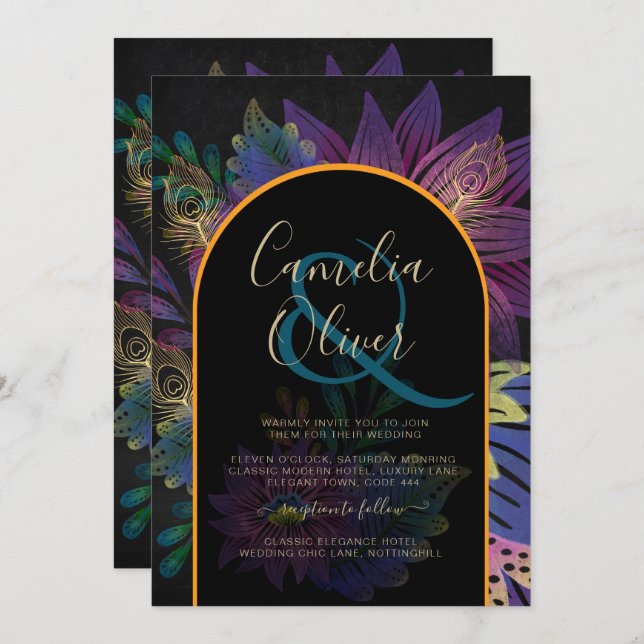 Noir Peacock Jewel Tones Floral Wedding Einladung (Vorne/Hinten)