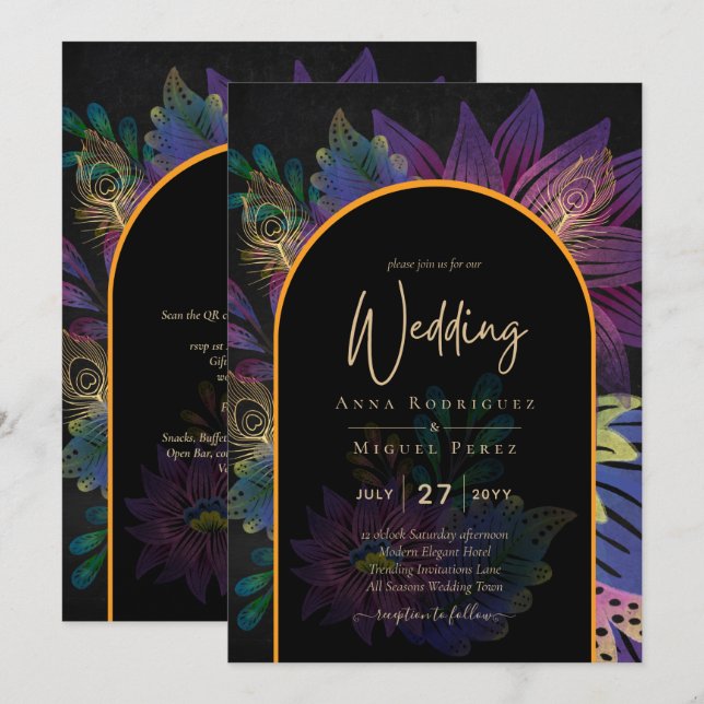Noir Peacock Jewel Tones Floral Wedding Einladung (Vorne/Hinten)