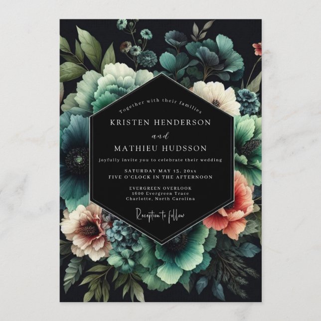 Noir Teal Bloom Hochzeit Einladung (Vorderseite)