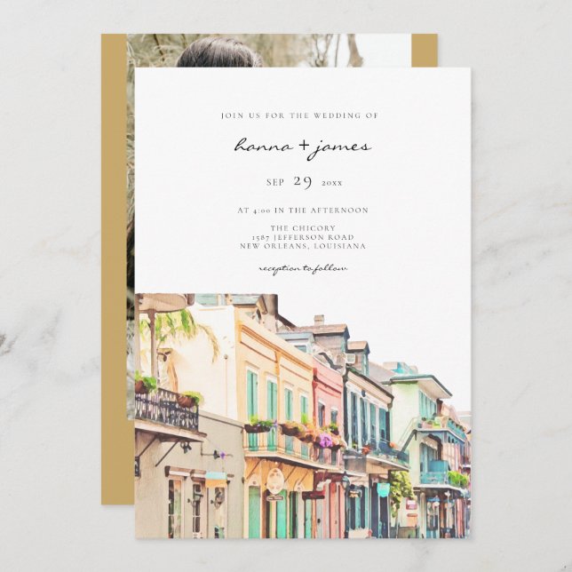 NOLA Watercolor New Orleans Bourbon Street Wedding Einladung (Vorne/Hinten)