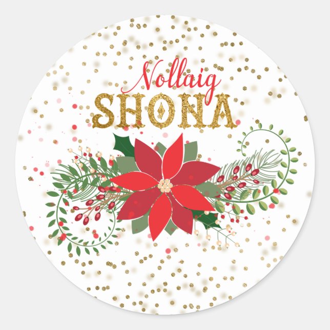 Nollaig Shona Gold Glitzer Poinsettia Weihnachten Runder Aufkleber (Vorderseite)