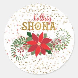 Nollaig Shona Gold Glitzer Poinsettia Weihnachten Runder Aufkleber
