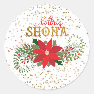 Nollaig Shona Gold Glitzer Poinsettia Weihnachten Runder Aufkleber