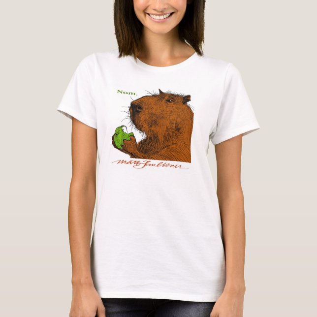 "Nom." Das T-Shirt der bunten Capybara-Frau (Vorderseite)
