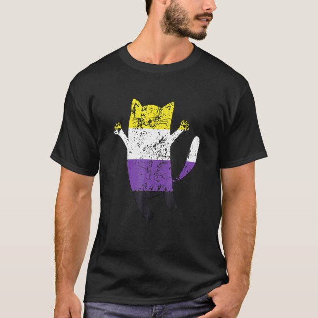 Non-Binäre Pride-Flagge Glückliche Katze Non-Binär T-Shirt (Vorderseite)