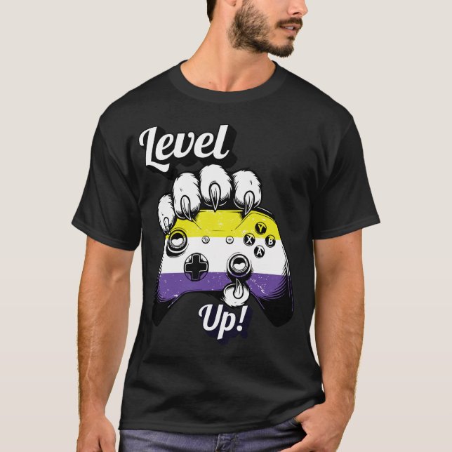 Nonbinärer Pride Level Up Tiger Pfoten Controller  T-Shirt (Vorderseite)